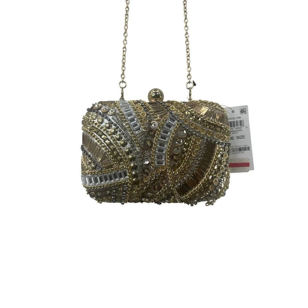 JOCELYN Embellished Gold Silver Beaded Clutch Evening Bag Chain‎ Strap INC